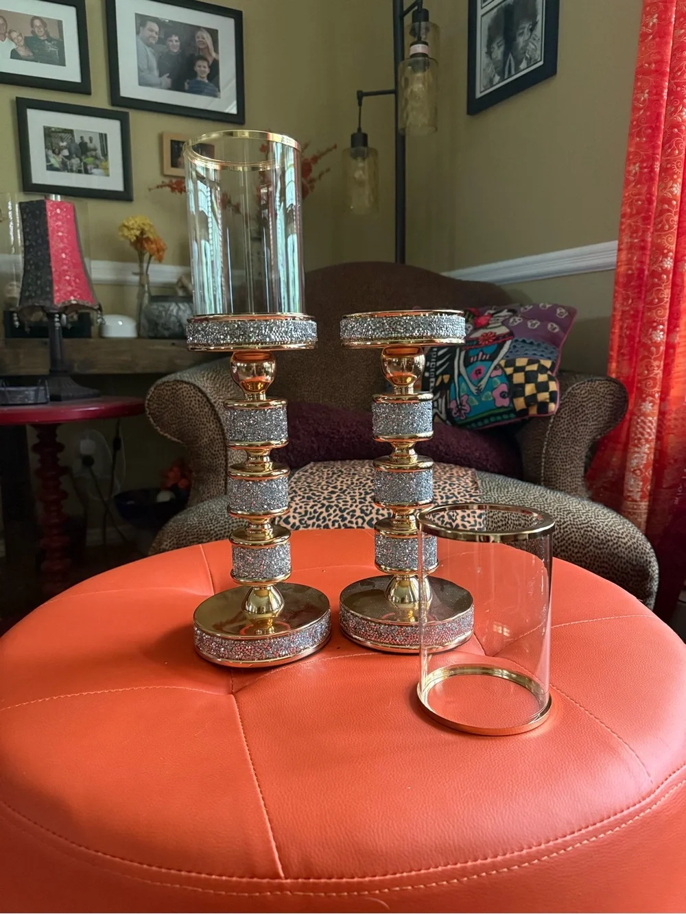 Gold and Silver Glitter Glass Hurricane Candle Holders - Pair